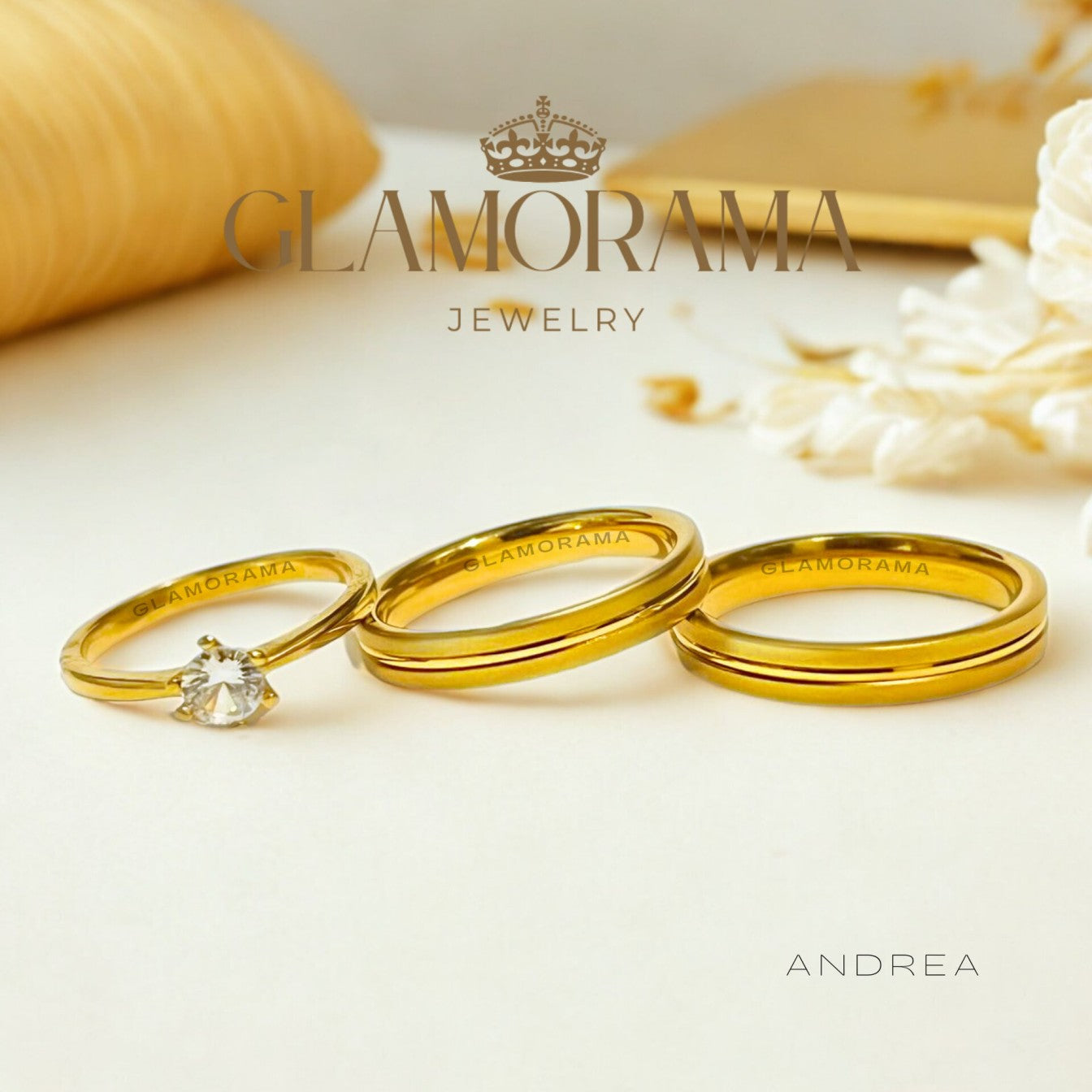 Andrea 3-in-1 wedding ring set in 18K Gold-PVD over stainless steel, featuring free name engraving – Glamorama Jewelry PH