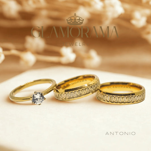 Antonio 3-in-1 wedding ring set crafted in 18K Gold-PVD over stainless steel, offering free name engraving – Glamorama Jewelry PH