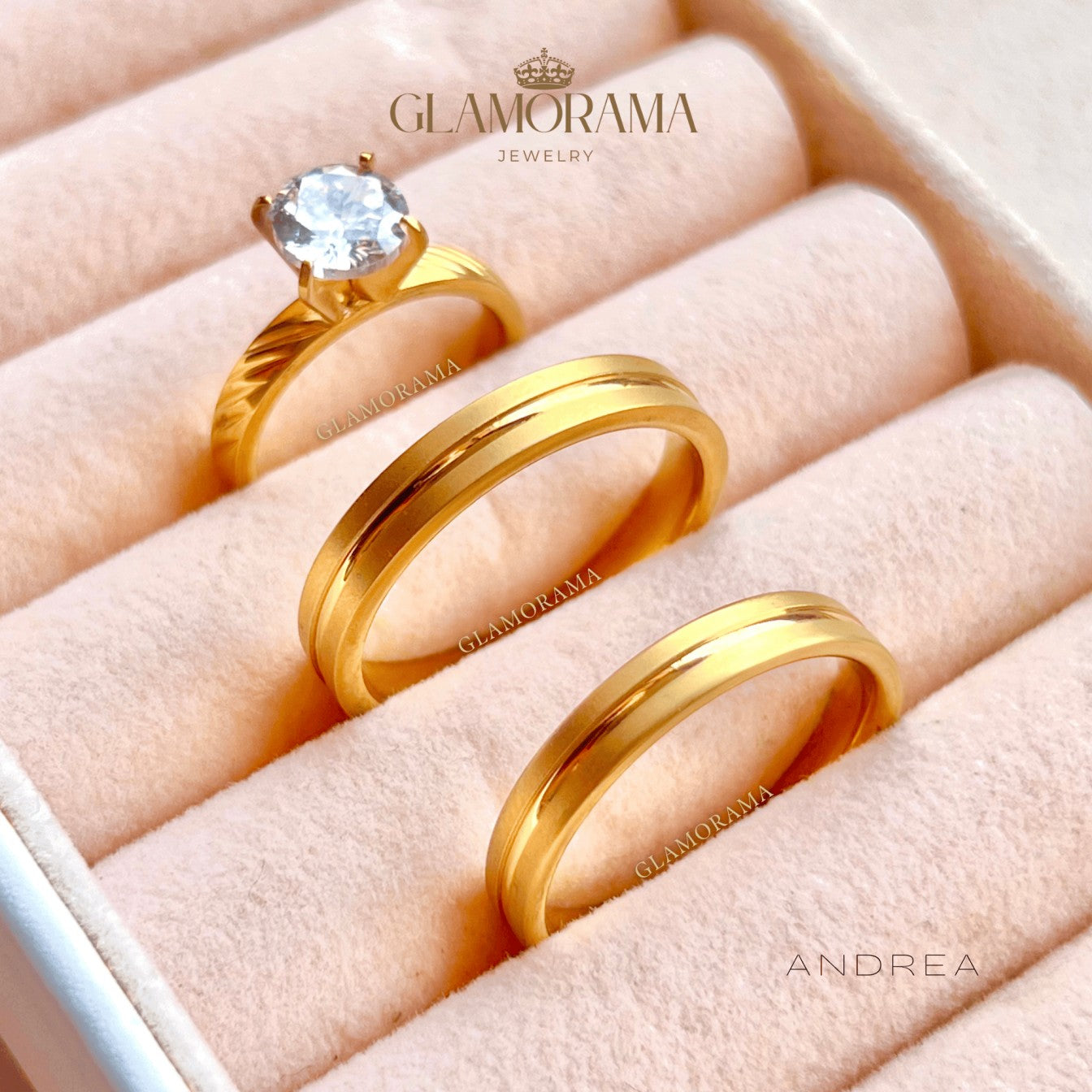 Andrea 3-in-1 wedding ring set in 18K Gold-PVD over stainless steel, featuring free name engraving – Glamorama Jewelry PH