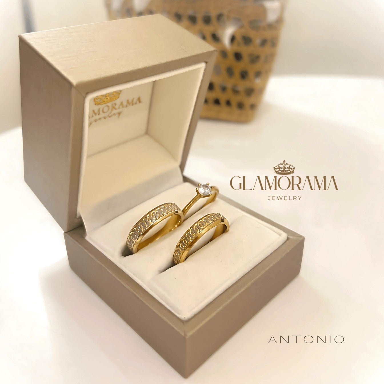 Antonio 3-in-1 wedding ring set crafted in 18K Gold-PVD over stainless steel, offering free name engraving – Glamorama Jewelry PH