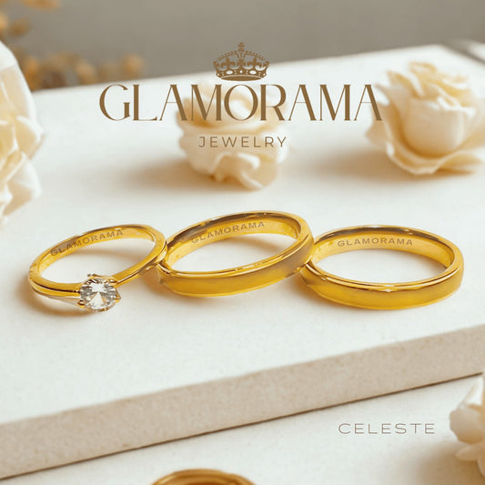 Celeste 3-in-1 wedding ring set in 18K Gold-PVD over stainless steel, with complimentary name engraving – Glamorama Jewelry PH