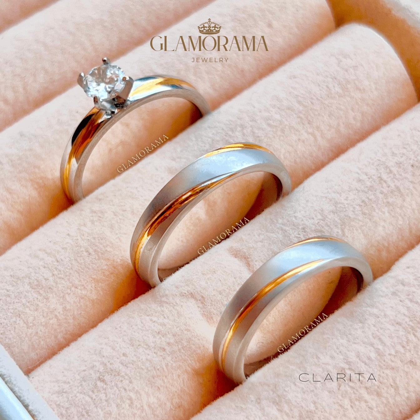 Clarita 3-in-1 wedding ring set in 18K Gold-PVD over stainless steel, includes free name engraving – Glamorama Jewelry PH