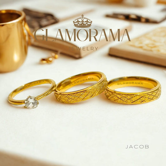 Jacob 3-in-1 wedding ring set in 18K Gold-PVD over stainless steel, includes free name engraving – Glamorama Jewelry PH