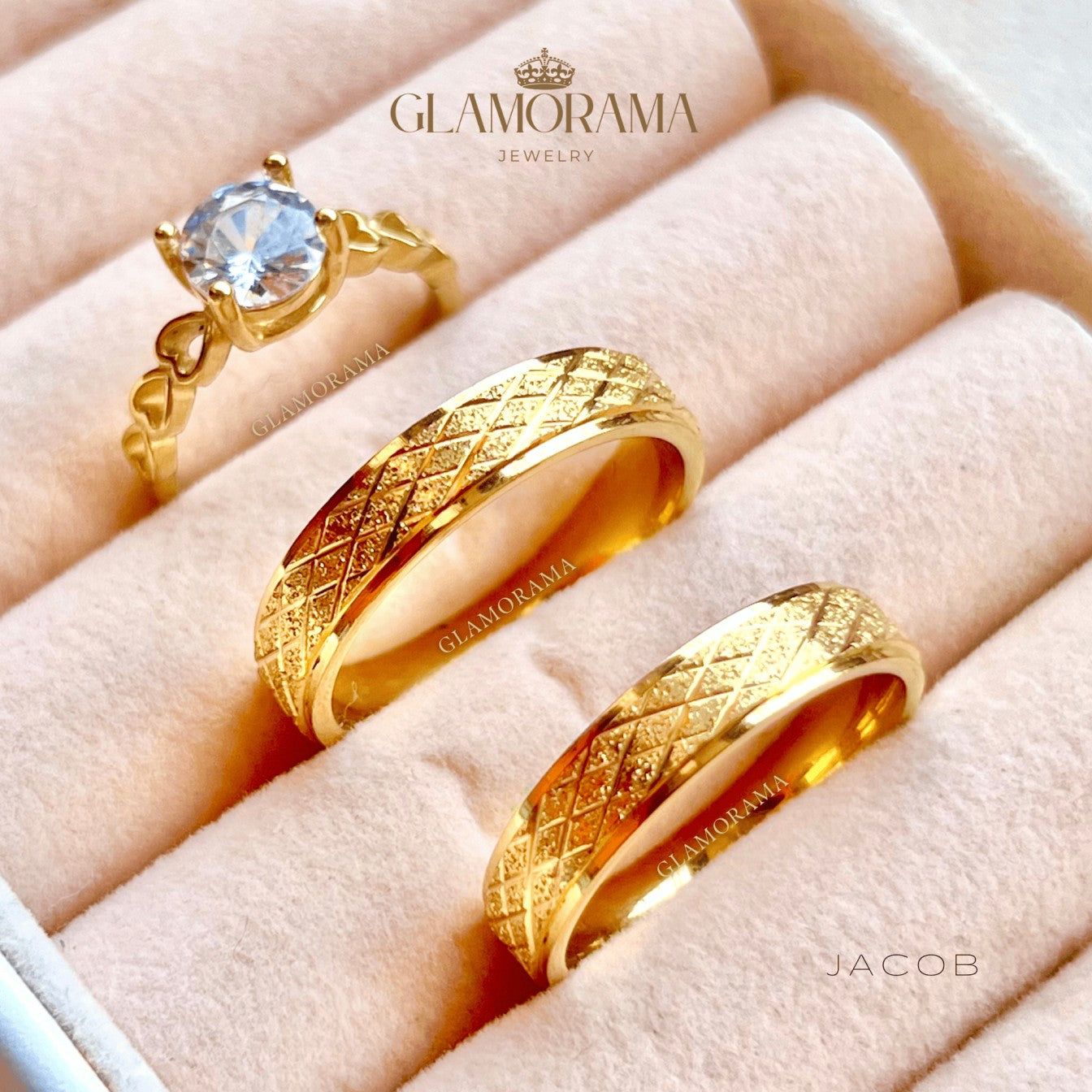 Jacob 3-in-1 wedding ring set in 18K Gold-PVD over stainless steel, includes free name engraving – Glamorama Jewelry PH