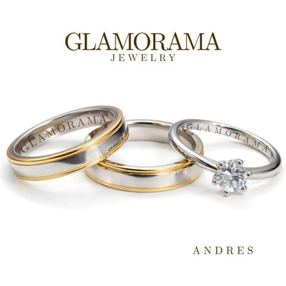 Three Glamorama jewelry Wedding and Engagement ring set on a white background