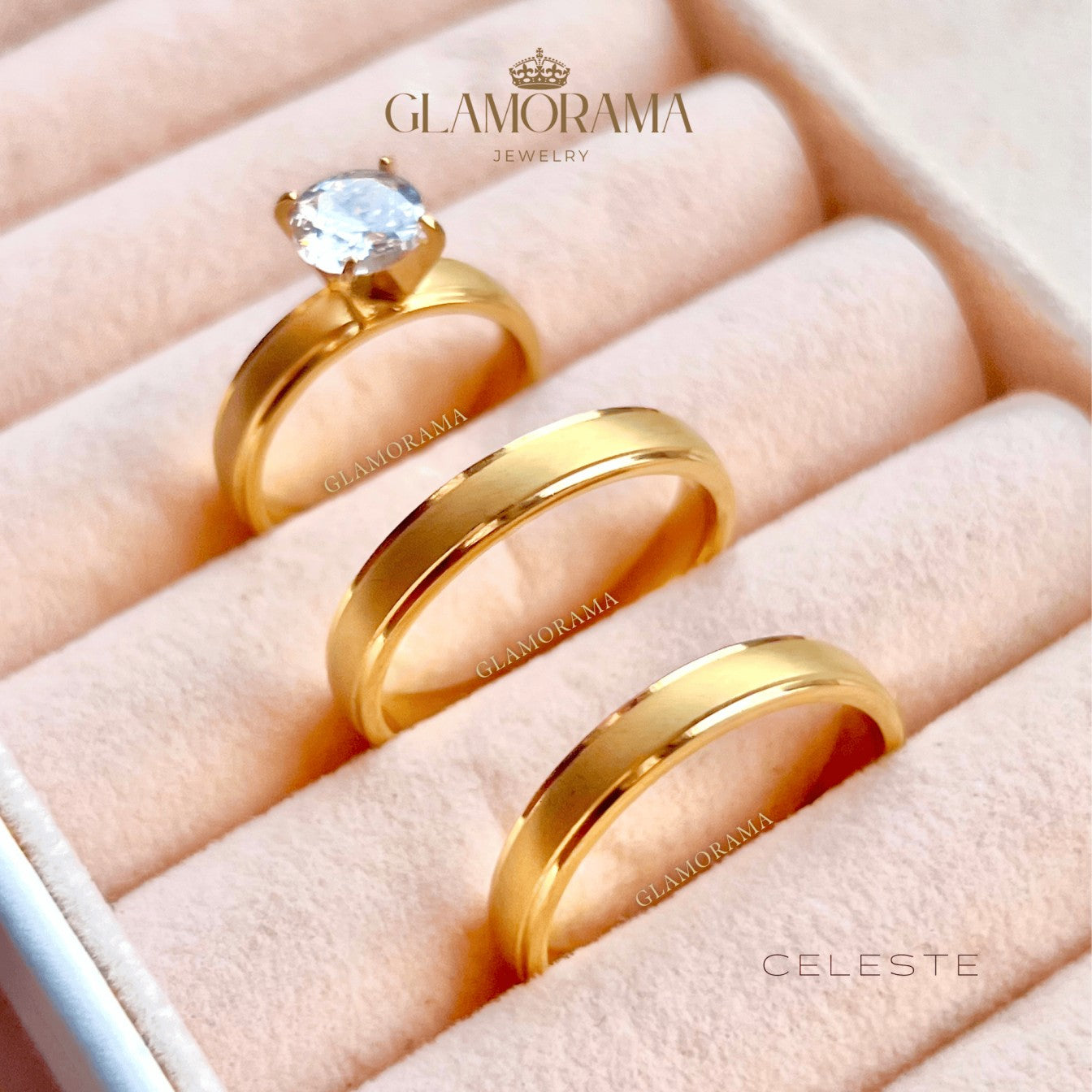 Celeste 3-in-1 wedding ring set in 18K Gold-PVD over stainless steel, with complimentary name engraving – Glamorama Jewelry PH