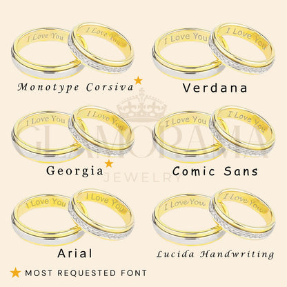 Gold and silver 'I Love You' rings with various fonts on a white background