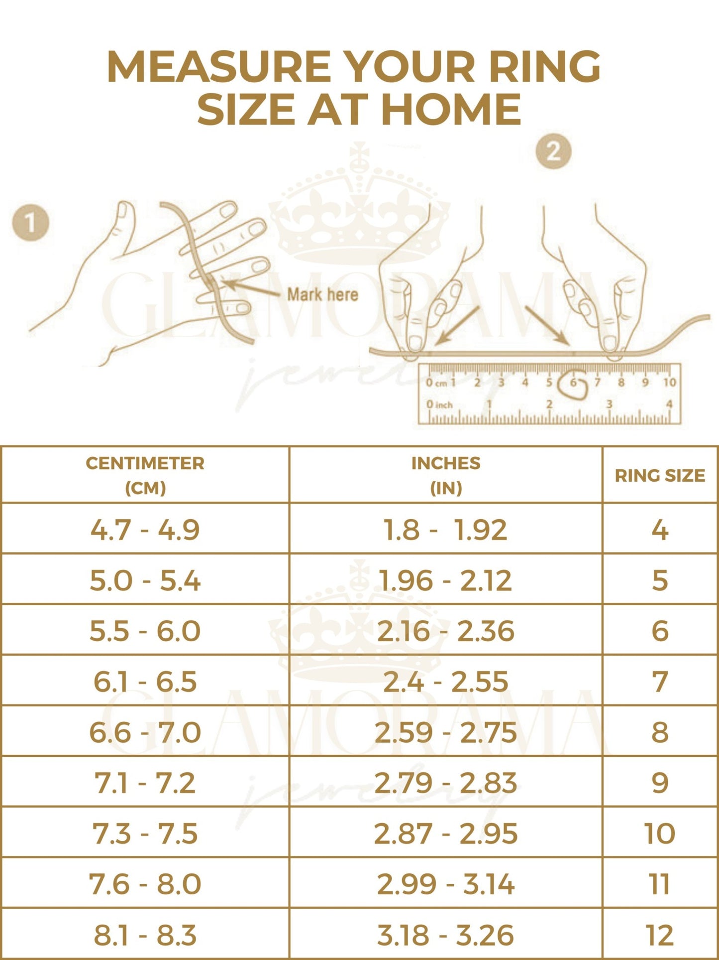 Instructions for measuring ring size at home with a ruler and hand illustration, and a corresponding size chart.
