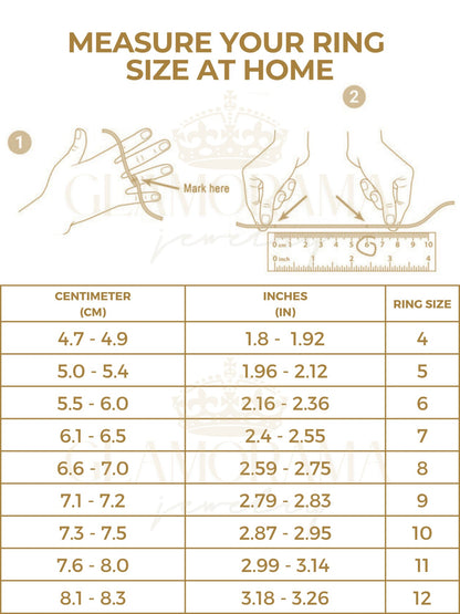 Instructions for measuring ring size at home with a ruler and hand illustration, and a corresponding size chart.