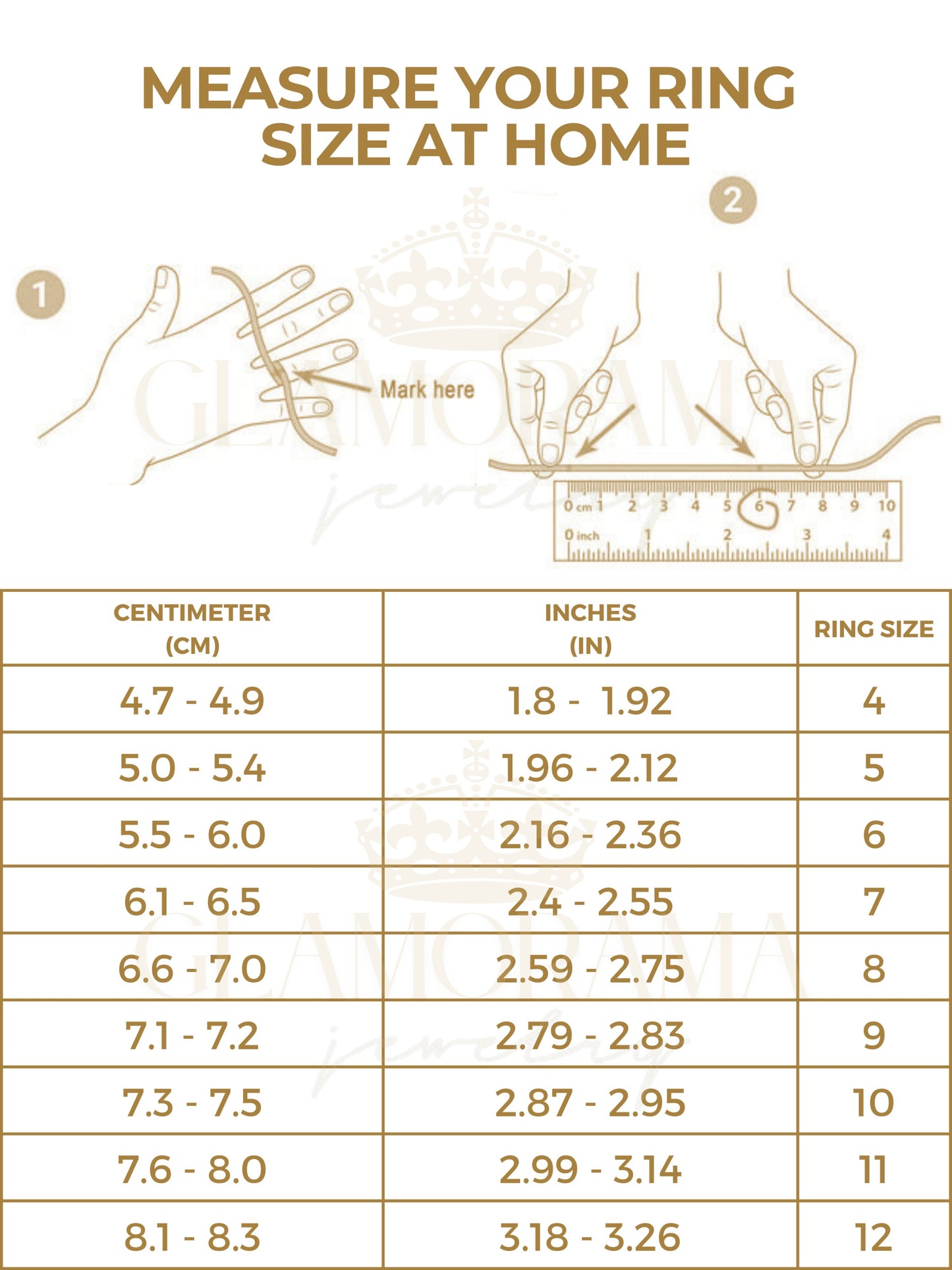 Instructions for measuring ring size at home with a ruler and hand illustration, and a corresponding size chart.