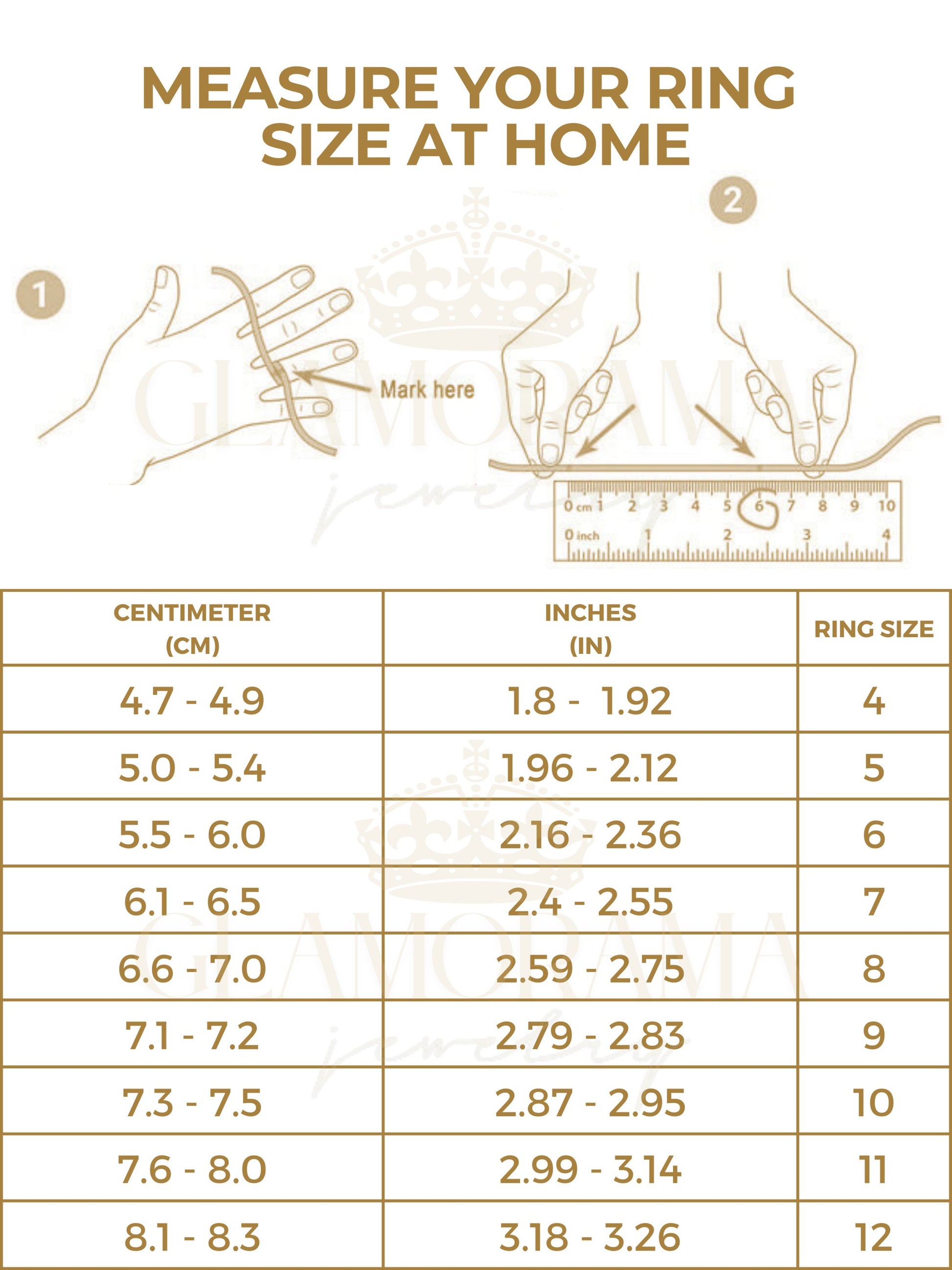 Instructions for measuring ring size at home with a ruler and hand illustration, and a corresponding size chart.